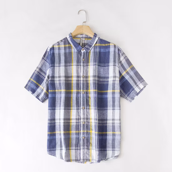 Wholesale Men′s Plaid Linen Cotton Slim Fit Spring Autumn Male Casual Branded Short Sleeved Shirts